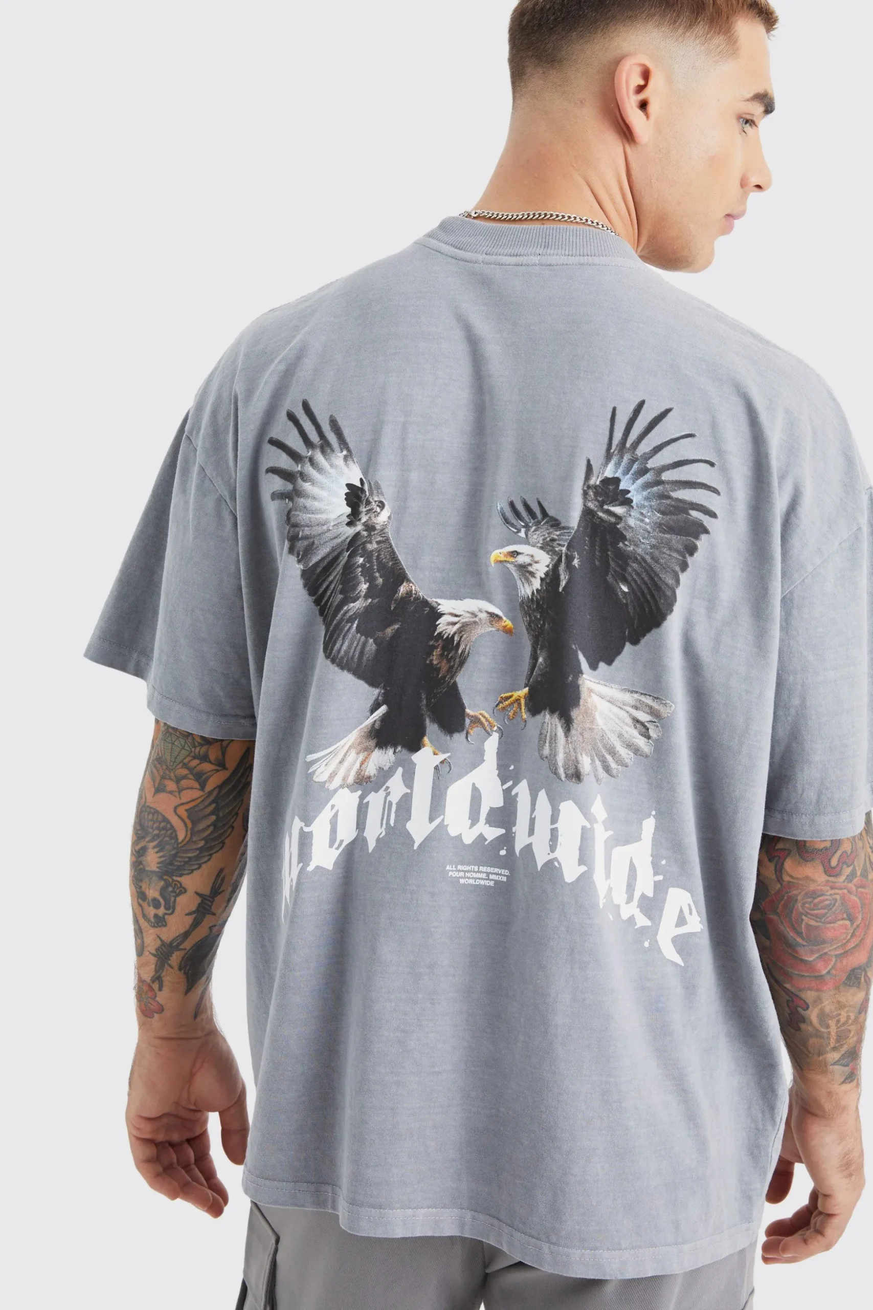 Washed Oversized Extended Neck Eagle Graphic T-shirt | BoohooMAN UK
