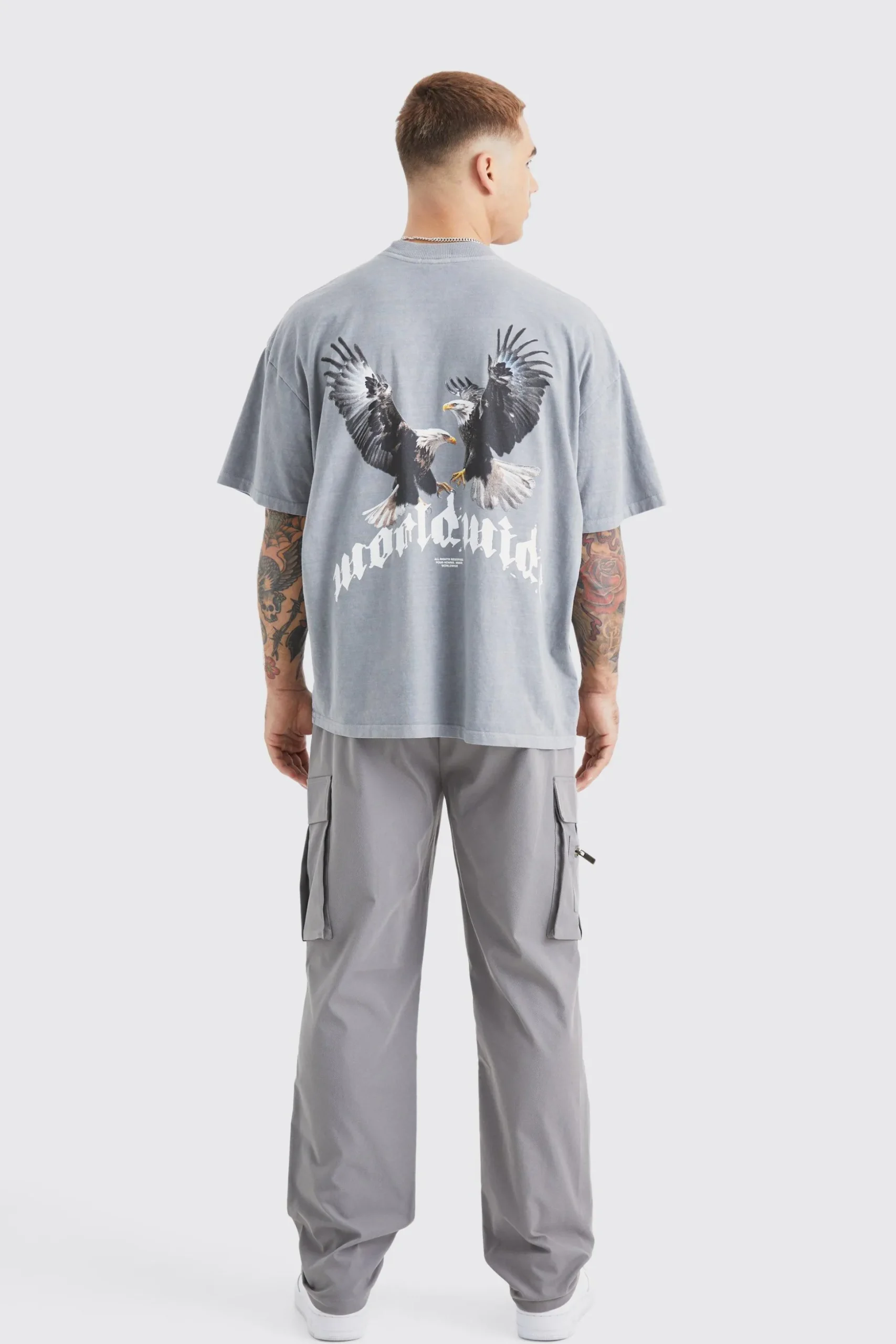 Washed Oversized Extended Neck Eagle Graphic T-shirt | BoohooMAN UK