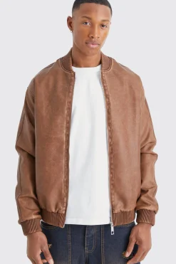 Washed Pu Bomber Jacket | BoohooMAN UK