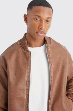 Washed Pu Bomber Jacket | BoohooMAN UK