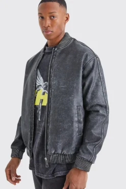 Washed Pu Bomber Jacket | BoohooMAN UK