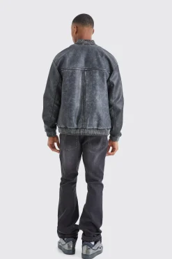 Washed Pu Bomber Jacket | BoohooMAN UK