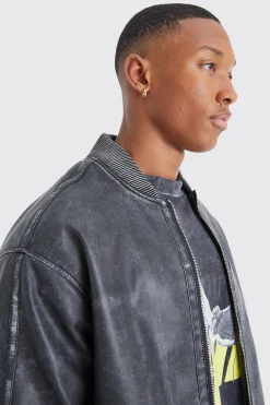 Washed Pu Bomber Jacket | BoohooMAN UK