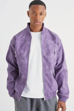 Washed Pu Panel Detail Bomber | BoohooMAN UK