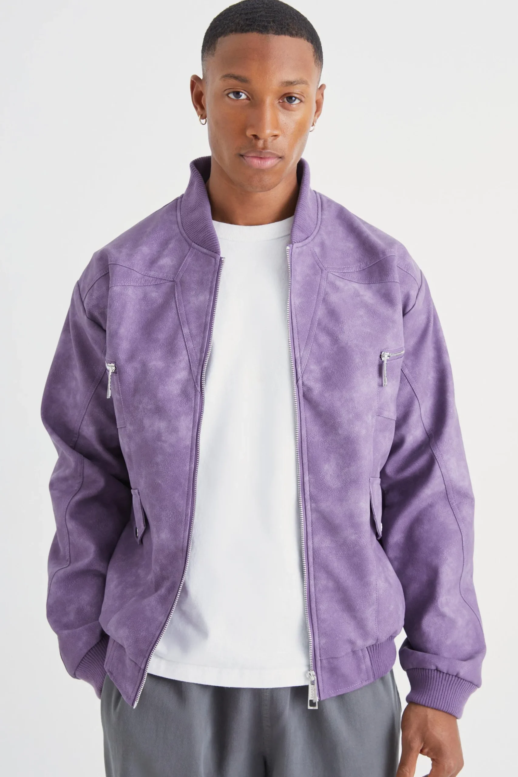 Washed Pu Panel Detail Bomber | BoohooMAN UK