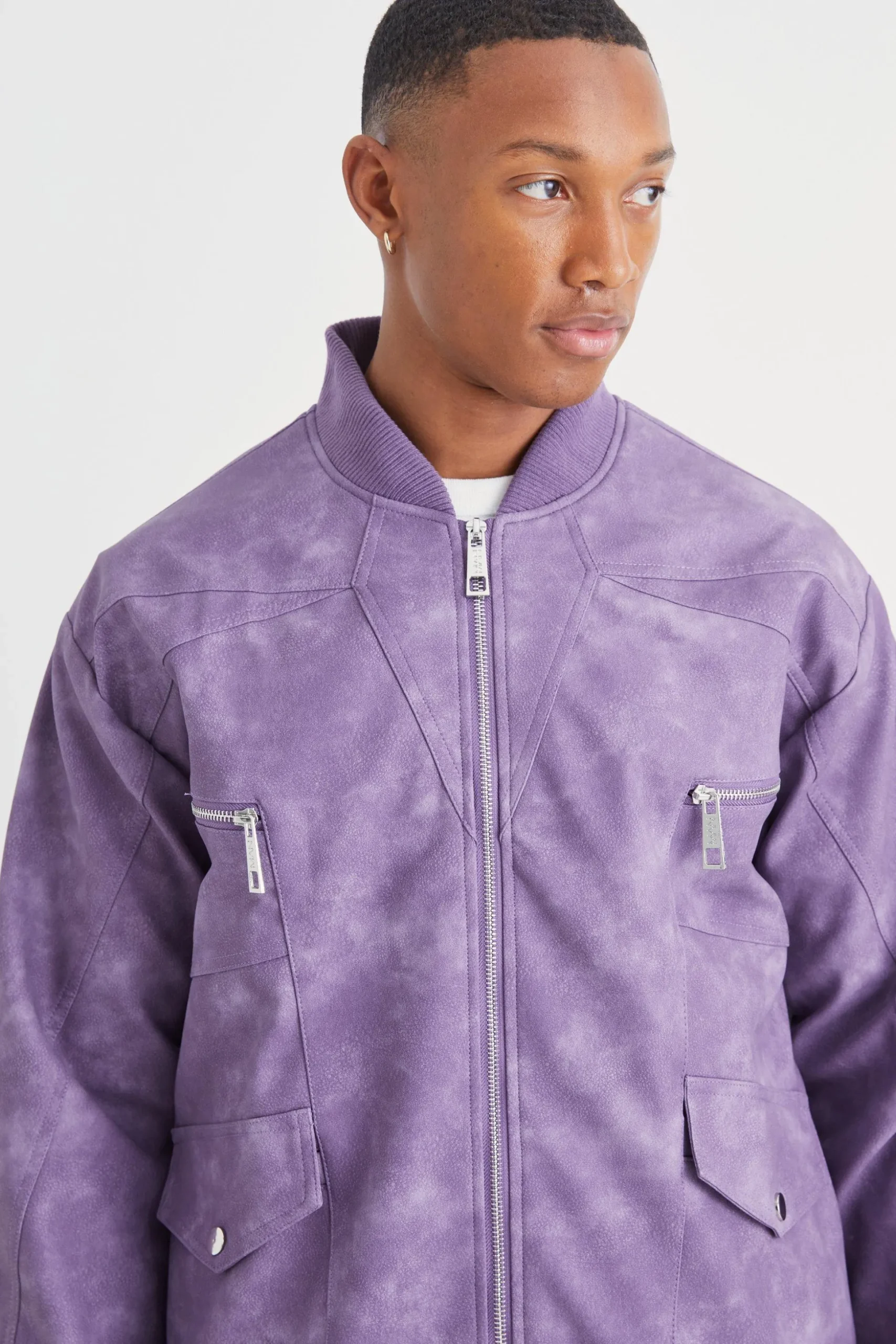 Washed Pu Panel Detail Bomber | BoohooMAN UK