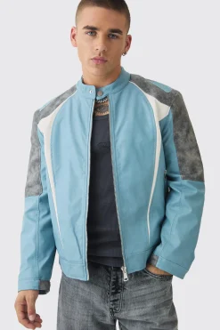 Washed Pu Panel Moto Jacket In Blue | BoohooMAN UK