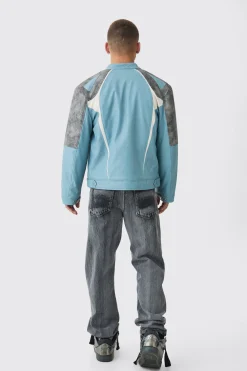 Washed Pu Panel Moto Jacket In Blue | BoohooMAN UK