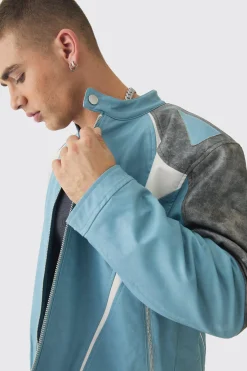 Washed Pu Panel Moto Jacket In Blue | BoohooMAN UK