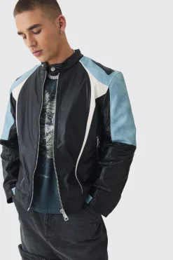 Washed Pu Panel Moto Jacket In Black | BoohooMAN UK