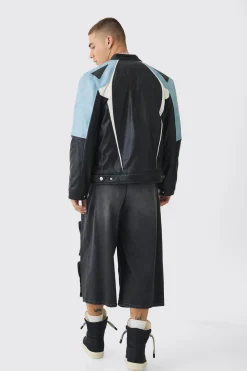 Washed Pu Panel Moto Jacket In Black | BoohooMAN UK