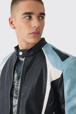 Washed Pu Panel Moto Jacket In Black | BoohooMAN UK