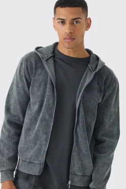 Washed Rib Man Embroidered Zip Through Hoodie | BoohooMAN UK
