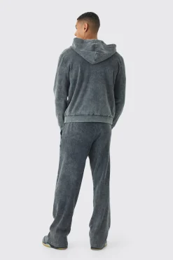 Washed Rib Man Embroidered Zip Through Hoodie | BoohooMAN UK