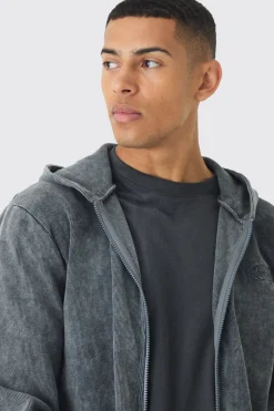 Washed Rib Man Embroidered Zip Through Hoodie | BoohooMAN UK