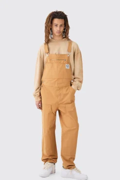 Washed Twill Branded Zip Carpenter Relaxed Fit Dungarees | BoohooMAN UK
