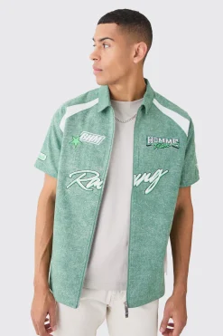 Washed Twill Moto Badge Zip Shirt | BoohooMAN UK