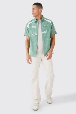Washed Twill Moto Badge Zip Shirt | BoohooMAN UK