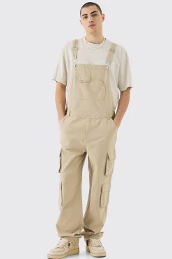 Washed Twill Multi Cargo Pocket Relaxed Fit Dungarees | BoohooMAN UK