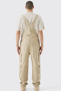 Washed Twill Multi Cargo Pocket Relaxed Fit Dungarees | BoohooMAN UK