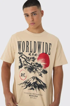 Washed Worldwide Mountain Print T-Shirt | BoohooMAN UK