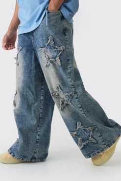 Wide Leg Rigid Star Distressed Applique Jeans | BoohooMAN UK