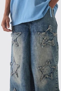 Wide Leg Rigid Star Distressed Applique Jeans | BoohooMAN UK