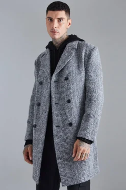 Wool Blend Herringbone Overcoat | BoohooMAN UK