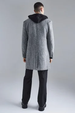 Wool Blend Herringbone Overcoat | BoohooMAN UK