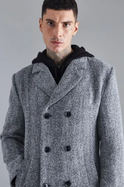 Wool Blend Herringbone Overcoat | BoohooMAN UK