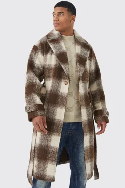 Wool Look Check Belted Overcoat | BoohooMAN UK