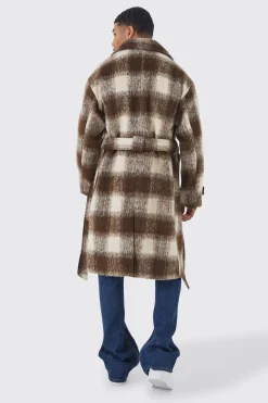 Wool Look Check Belted Overcoat | BoohooMAN UK