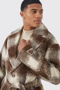 Wool Look Check Belted Overcoat | BoohooMAN UK