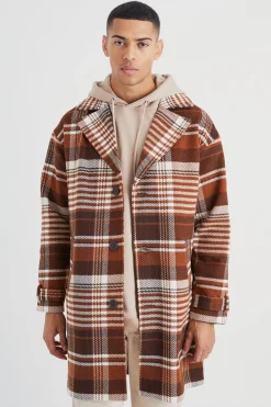 Wool Look Check Single Breasted Overcoat | BoohooMAN UK