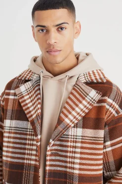 Wool Look Check Single Breasted Overcoat | BoohooMAN UK