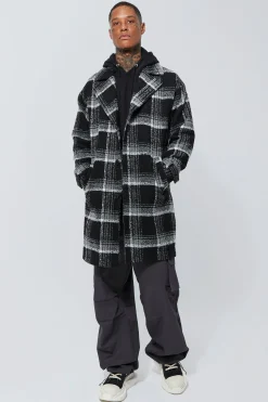 Wool Look Check Single Breasted Overcoat | BoohooMAN UK