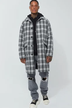 Wool Look Check Single Breasted Collared Overcoat | BoohooMAN UK