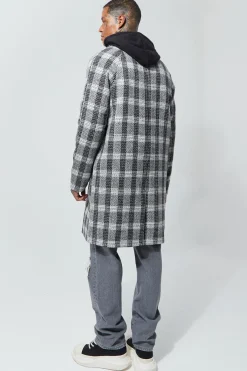 Wool Look Check Single Breasted Collared Overcoat | BoohooMAN UK