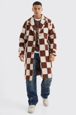 Wool Look Checkerboard Single Breasted Overcoat | BoohooMAN UK