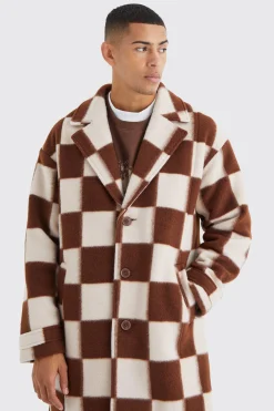 Wool Look Checkerboard Single Breasted Overcoat | BoohooMAN UK