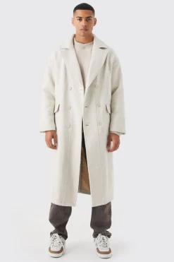 Wool Look Double Breasted Textured Overcoat | BoohooMAN UK