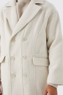 Wool Look Double Breasted Textured Overcoat | BoohooMAN UK
