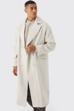 Wool Look Double Breasted Textured Overcoat | BoohooMAN UK