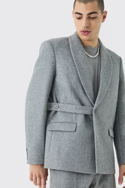 Wool Look Oversized Strap Detail Blazer | BoohooMAN UK