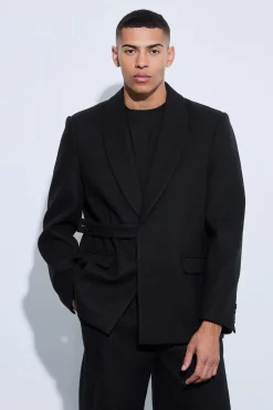 Wool Look Oversized Strap Detail Blazer | BoohooMAN UK