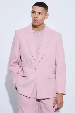Wool Look Oversized Strap Detail Suit Pink | BoohooMAN UK