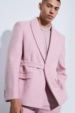 Wool Look Oversized Strap Detail Suit Pink | BoohooMAN UK