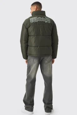 Worldwide Applique Funnel Neck Puffer In Khaki | BoohooMAN UK