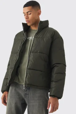 Worldwide Applique Funnel Neck Puffer In Khaki | BoohooMAN UK