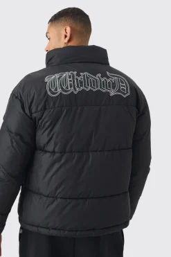 Worldwide Applique Funnel Neck Puffer In Black | BoohooMAN UK
